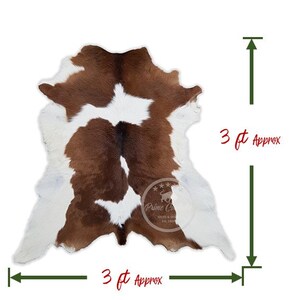 May include: Brown and white cowhide rug, approximately 3 feet wide and 3 feet long.