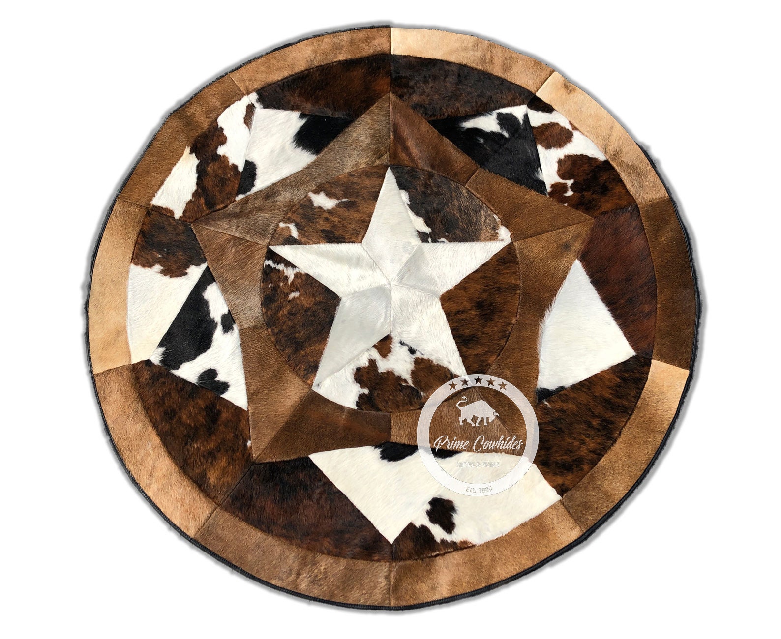 80" 5 ft - 6.7 ft Round Cowhide Rug Tricolor Multi Star 60" 