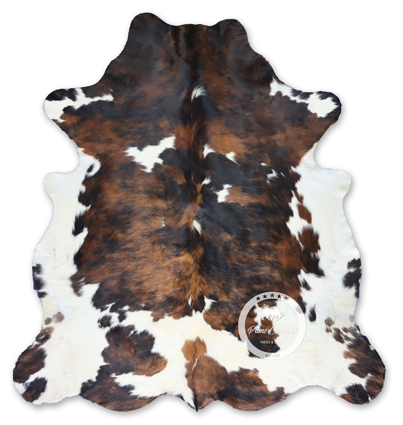 May include: A brown, black, and white cowhide rug with a natural, spotted pattern. The rug is made of real cowhide and has a soft, luxurious feel.