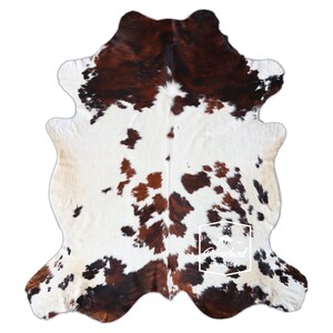 トリコロール、高品質牛革ラグ、毛皮付き、コーエンハイド、クーフェルカーペット、8.0フィート x 7.2フィート、コード：BR148