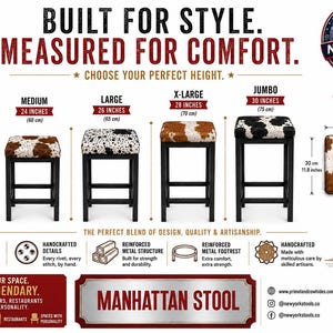 Puede incluir: Una infograf&iacute;a de producto para el taburete Manhattan con cuatro taburetes con asientos de piel de vaca y marcos de metal negro. Las alturas var&iacute;an de 60 a 75 cm. El texto incluye BUILT FOR STYLE. MEASURED FOR COMFORT. y detalles de materiales.