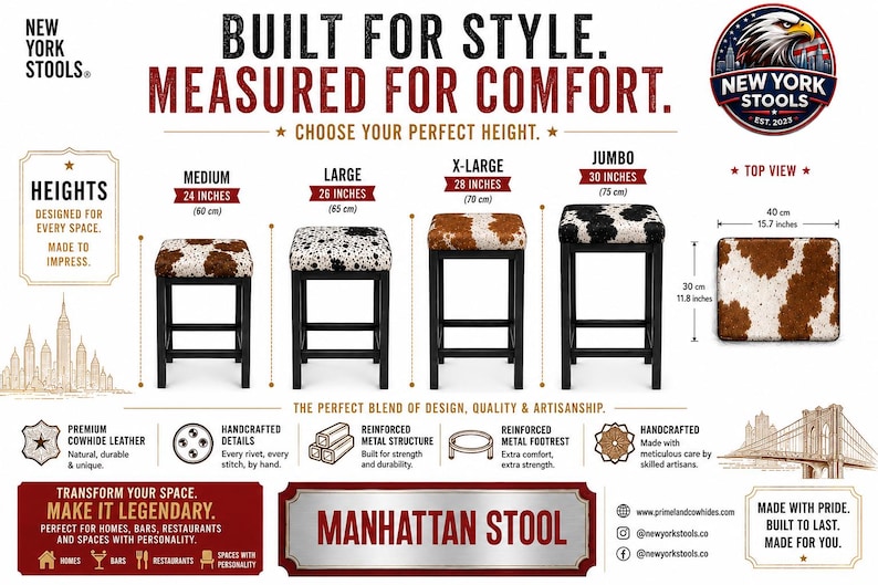 Puede incluir: Una infograf&iacute;a de producto para el taburete Manhattan con cuatro taburetes con asientos de piel de vaca y marcos de metal negro. Las alturas var&iacute;an de 60 a 75 cm. El texto incluye BUILT FOR STYLE. MEASURED FOR COMFORT. y detalles de materiales.