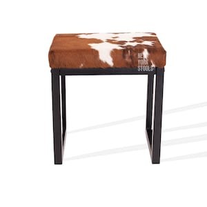 Light Tricolor Cowhide Bronx Stool | Cowhide Counter Stool | Luxury Cowhide Bar Stool | Rectangular Cushion | Height: Small
