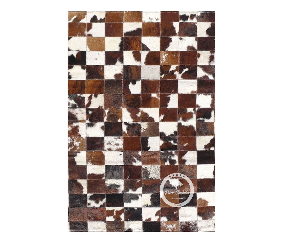 Patchwork Cowhide Rugs | Squares Patchwork Cowhide Rug Tricolor - Etsy