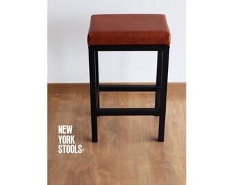 Custom Leather Manhattan Stool | Leather Counter Stool | Luxury Leather Bar Stool | Rectangular Cushion | Height: (M)(L)(XL)(Jumbo)