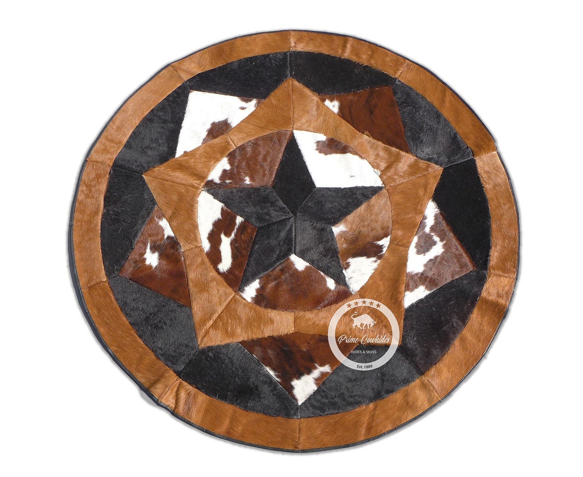 Round Cowhide Rug Tricolor Multi Star 60 80 5 Etsy
