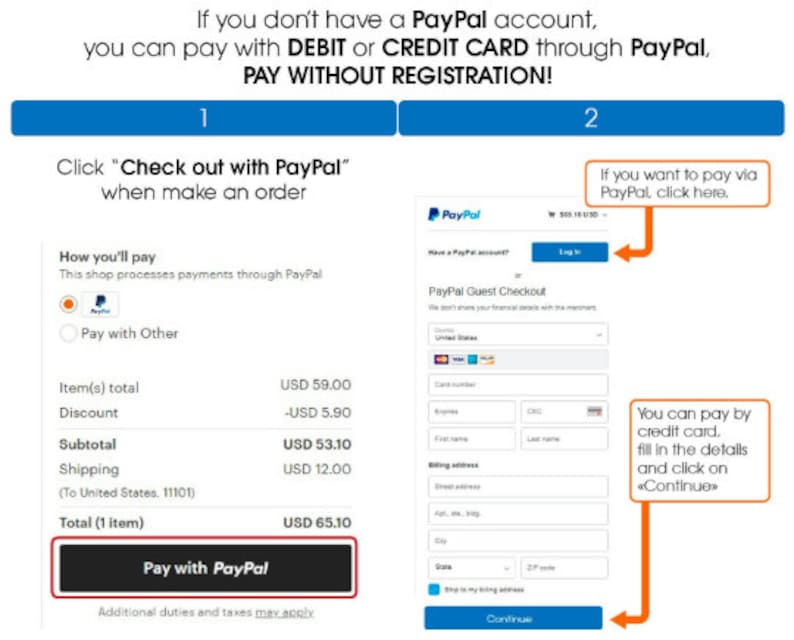 May include: A screenshot of a PayPal checkout page showing two options for paying: "Check out with PayPal" or "PayPal Guest Checkout". The PayPal Guest Checkout option allows customers to pay with a debit or credit card without creating a PayPal account. The image includes a price breakdown for the order, with a total of $65.10.