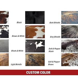 Puede incluir: Una carta de colores que muestra doce patrones de piel de vaca, incluyendo tricolor claro, tricolor oscuro, gris, marr&oacute;n, negro, marr&oacute;n y blanco, negro y blanco, atigrado claro, atigrado oscuro, atigrado gris, sal y pimienta negro y marr&oacute;n.