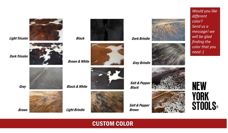 Puede incluir: Una carta de colores que muestra doce patrones de piel de vaca, incluyendo tricolor claro, tricolor oscuro, gris, marr&oacute;n, negro, marr&oacute;n y blanco, negro y blanco, atigrado claro, atigrado oscuro, atigrado gris, sal y pimienta negro y marr&oacute;n.
