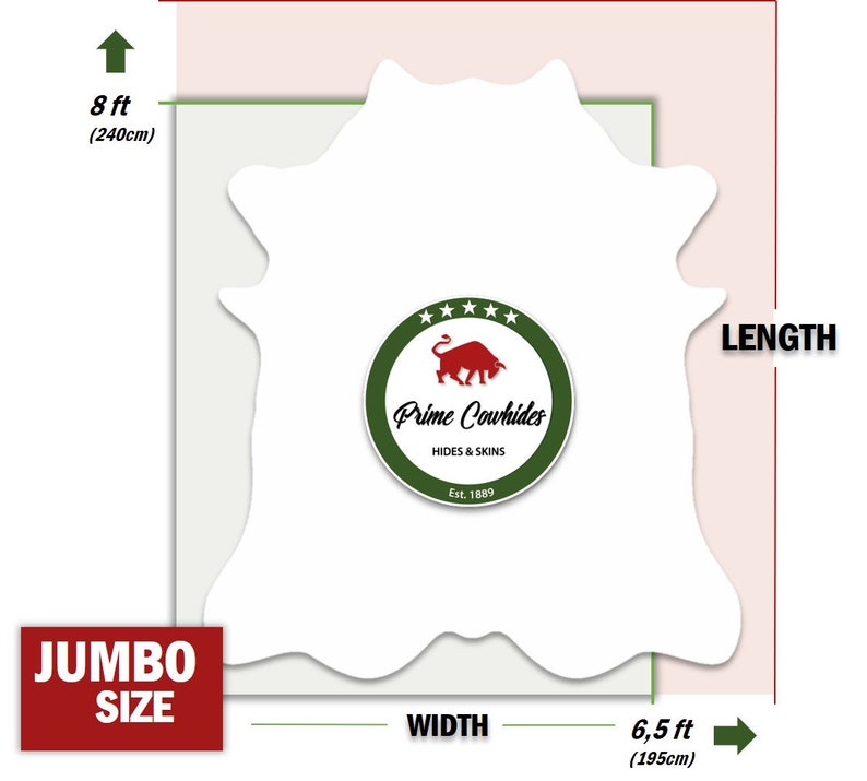 May include: A white cowhide rug with a green and red logo that says "Prime Cowhides Hides & Skins Est. 1889". The rug is 8 feet long and 6.5 feet wide.