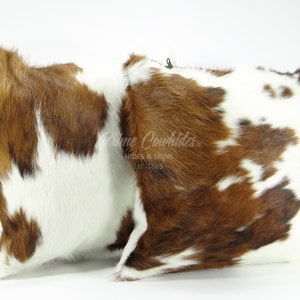 May include: Two brown and white cowhide throw pillows with a zipper closure. The pillows are made from real cowhide and have a natural, rustic look.