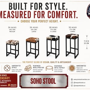 Puede incluir: Una infograf&iacute;a de producto Soho Stool con cuatro taburetes con asientos de piel de vaca y marcos de metal negro. Las alturas van de 60 cm a 75 cm. La vista superior muestra dimensiones de 30 cm por 40 cm. Texto: Built for Style, Measured for Comfort.