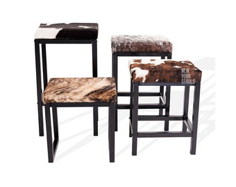 Tabouret Manhattan en cuir de vachette sur mesure | Tabouret de comptoir en cuir de vachette | Tabouret de bar de luxe en cuir de vachette | Coussin rectangulaire | Hauteurs : (M) (L) (XL)