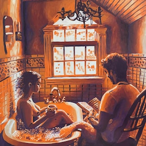 Romantic Bathroom Oil Painting: Intimate Couple Art on Wood Panel