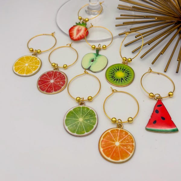 Fruit Themed Wine Glass Charms with storage bag (8pk) Drink Markers, Summer Party Decor, Gifts for Wine Lovers -Champagne Flute Charms