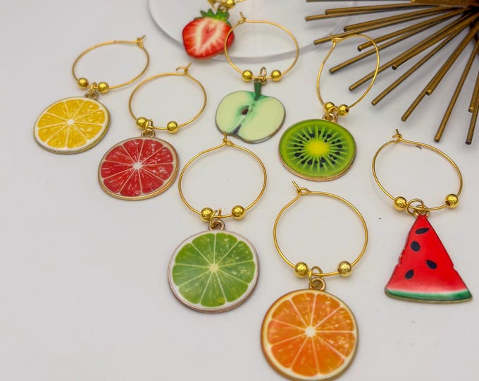 Fruit Themed Wine Glass Charms with storage bag (8pk) Drink Markers, Summer Party Decor, Gifts for Wine Lovers -Champagne Flute Charms