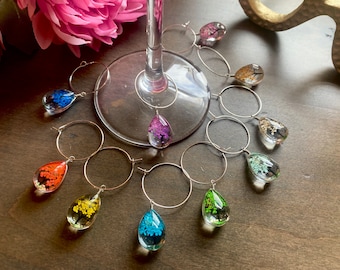 Dried Flower Glass Wine Charm Set-10 pieces-Wine Tags-Wine Gift-Wedding Party Gifts-Champagne Flute Charms