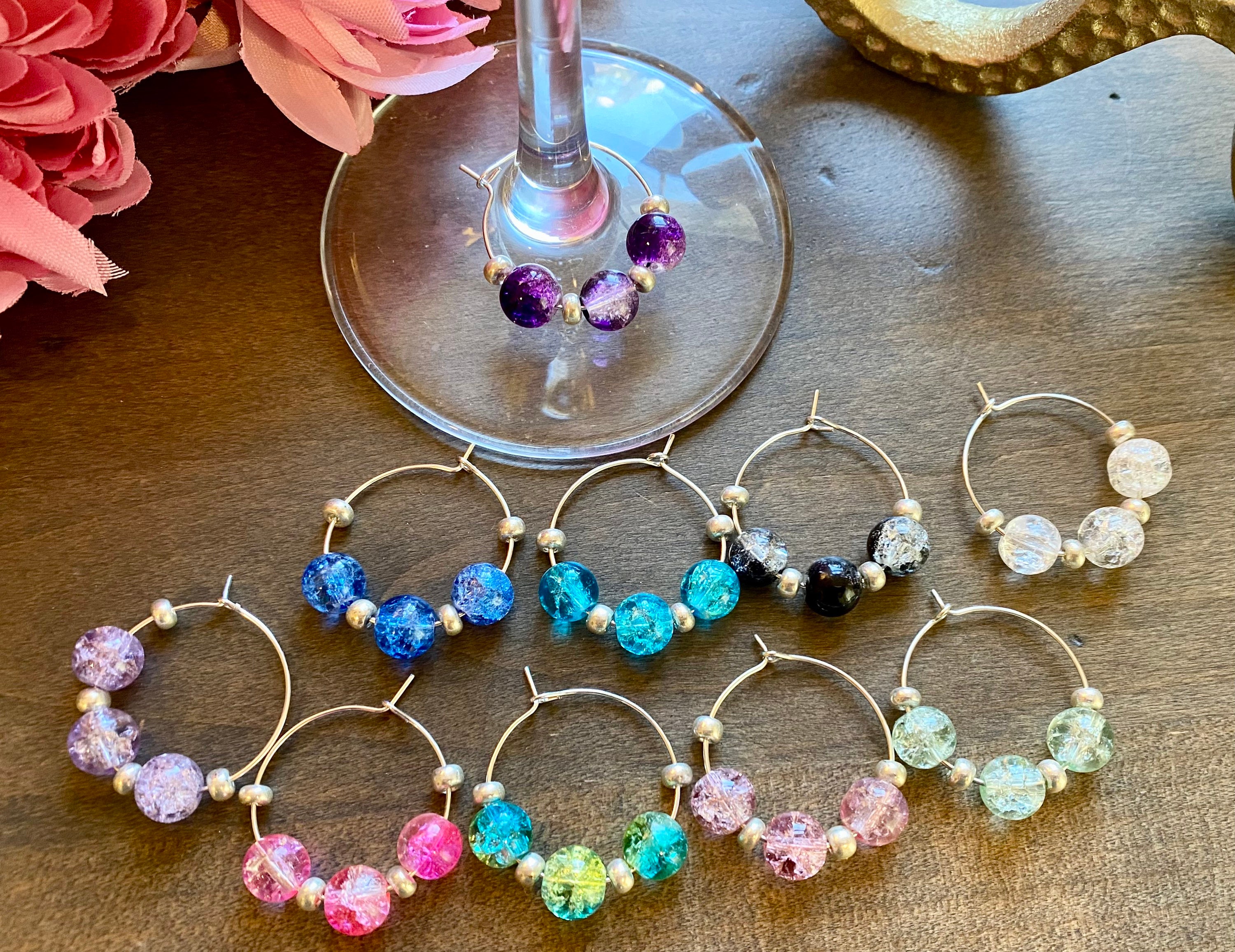Glass Beaded Wine Charms 10 pack-Champagne Flute Charms-Wedding Party Gifts-Hostess Gifts