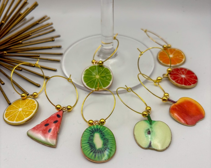 Fruit Themed Wine Glass Charms with storage bag (8pk) Drink Markers, Summer Party Decor, Gifts for Wine Lovers -Champagne Flute Charms