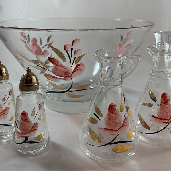 Hazel Atlas Hand Painted 5 Pc Salad Set. Very mid century. Hand painted with pink flowers, gold flourishes and green leaves