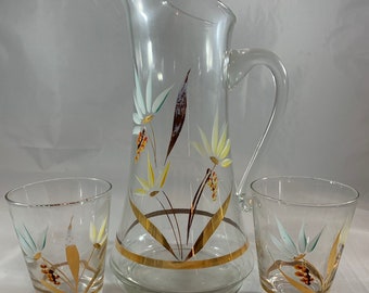 Vintage Hand Painted 22Kt Gold Pitcher and Two Juice Glasses