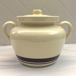 Vintage McCoy 342 Bean Pot, Cream Glaze, Brown Stripe, Two Handle Crock (Oven Proof)