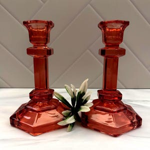 Vintage Indiana Glass Ruby Red Candle-Lite Candlestick Holder | 6" Mid-Century Hexagonal Smooth Paneled Taper Holder | Retro Holiday Tablesc
