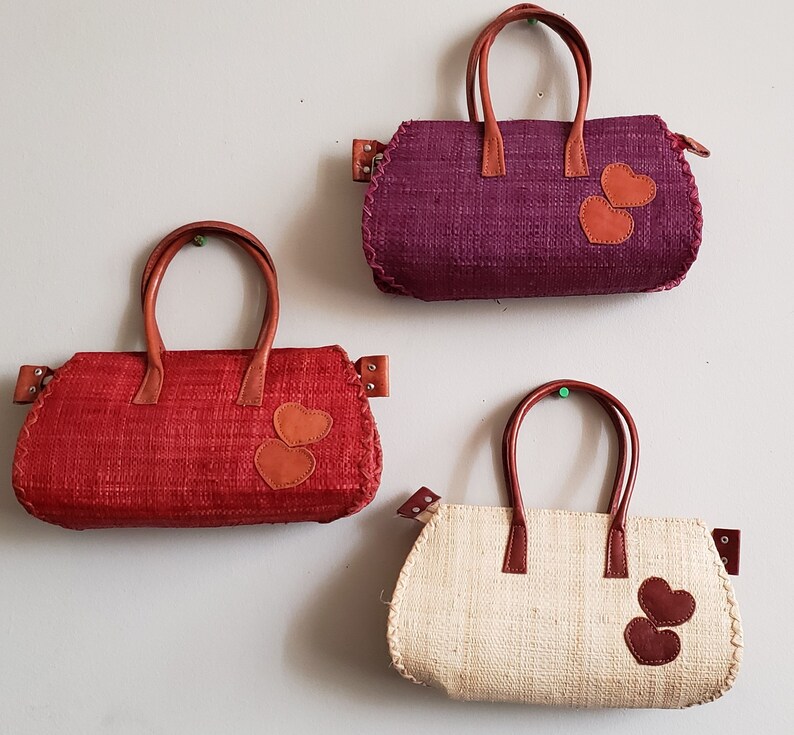 Raffia Purse With Hearts Tote With Leather Straps Clutch Etsy