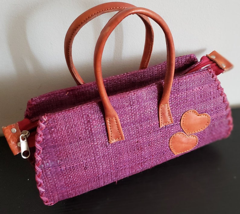 Raffia Purse With Hearts Tote With Leather Straps Clutch Etsy