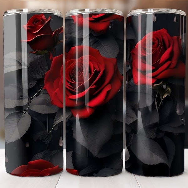 3D Black and red roses sublimated tumbler wrap, gothic roses 20 oz Sublimation Tumbler PNG Design, 300 DPI, BONUS Tumbler care card