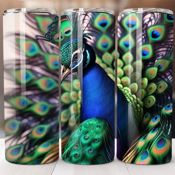 Vibrant Blue Peacock Sublimated Tumbler Wrap, Peacock 20 oz sublimation Design, Bright Peacock Bird 300 DPI, BONUS tumbler care card