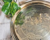 Vintage Decorative Brass Serving Tray w Chinese Oriental Design - Churchill China Blue Willow