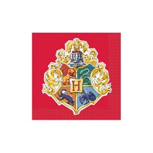 May include: Red paper napkins with a gold Hogwarts crest featuring a lion, eagle, badger, and snake. The crest is surrounded by a gold frame and has the letter "H" in the center.
