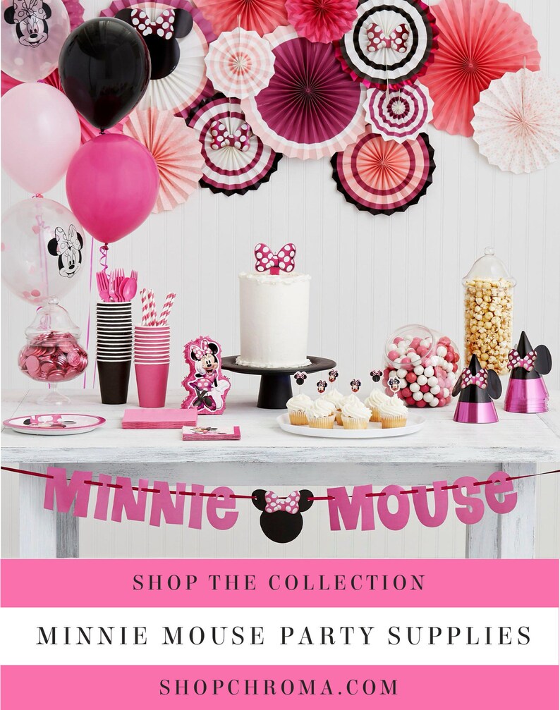 May include: A festive Minnie Mouse party scene with pink and black decorations. Includes balloons, paper fans, a cake, cupcakes, and candy. A banner spells out "Minnie Mouse".