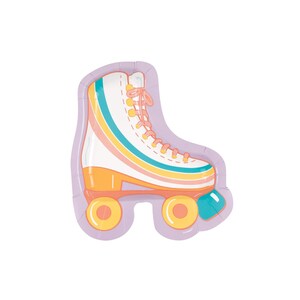 May include: A roller skate-shaped party plate with a white boot, orange wheels, and a lavender border. The skate features colorful stripes of teal, yellow, and pink, with orange laces. The plate is designed for a retro-themed party.