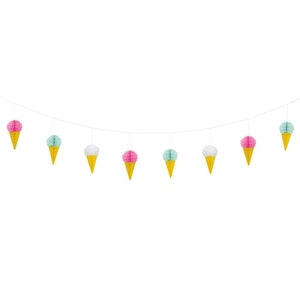 May include: A string of colorful paper ice cream cone decorations. The cones have yellow bases and tops in pink, mint green, and white. The garland is strung on a thin white string, perfect for a party.