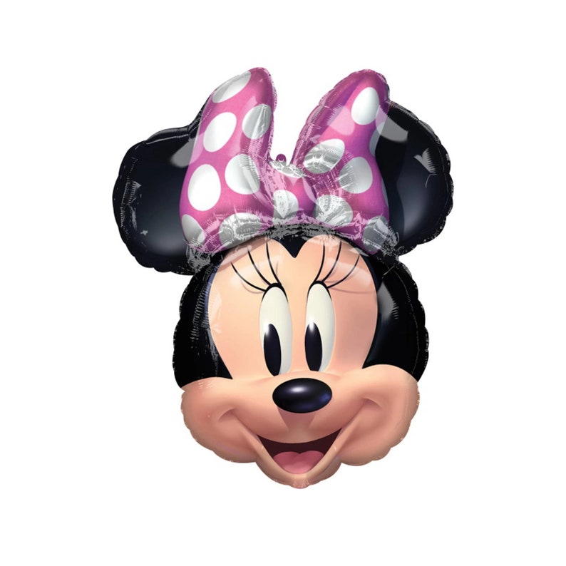 May include: A foil balloon shaped like Minnie Mouse's head. The balloon features a pink bow with white polka dots, black ears, and a smiling face. The balloon is designed for parties and celebrations.