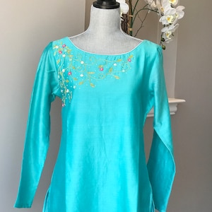 silk tunic, hand embrioderd tunic,delicate work ,can be worn for any occasion ,scoop neck ,full sleeves tunic top