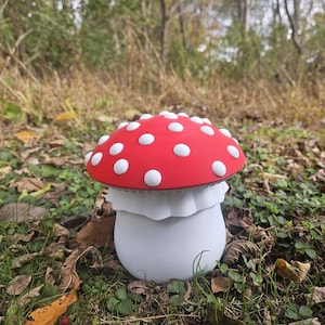 May include: A decorative mushroom-shaped object with a red cap and white polka dots. The mushroom has a white stem and a ruffled edge. It is set outdoors in a natural environment with leaves and grass.