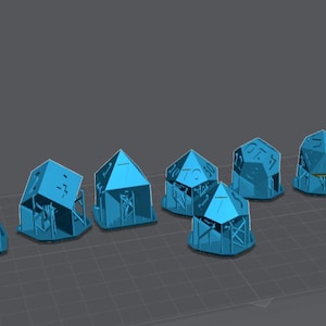 May include: A collection of eight blue, geometric dice with various shapes and etched designs. The dice are arranged on a gray surface, showcasing their unique forms and intricate details. Ideal for tabletop gaming.