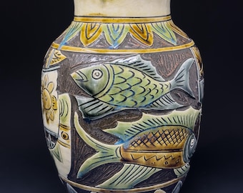 Tsuboya Vase Fish Design Japanese Okinawa Artistic Pottery