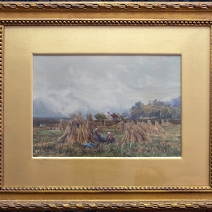 May include: A watercolor painting depicting a rural landscape with a group of people gathered near a pile of hay. The scene is set against a backdrop of rolling hills and a cloudy sky.