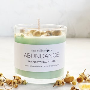 Money Drawing Intention Candle infused Crystals And Herbs - basil and mint Organic Soy Wax - Attract Wealth - Crystal Candle Gift