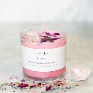 Love Candle with Rose Quartz/Love Spell/Self Love Ritual/Manifestation Aid/Crystal Candle/Soy/Valentine’s Day bonus Moon Melt