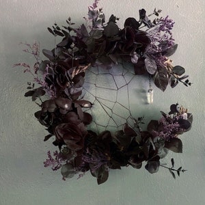 Crystal infused Black flower Crescent Moon Wreath, cleansing clear Quartz crystal, witchy home decor, nature cleansing protection