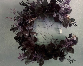 Crystal infused Black flower Crescent Moon Wreath, cleansing clear Quartz crystal, witchy home decor, nature cleansing protection