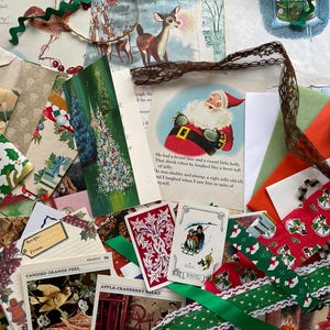 Christmas vintage holiday junk journal ephemera pack of 50 random greeting cards wrapping paper santa childrens book pages ribbon trim