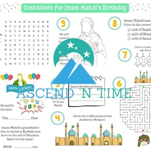 May include: A colorful printable worksheet with activities for kids to learn about Imam Mahdi's birthday. The worksheet includes a word search, a maze, a coloring page, and a number puzzle. The worksheet is decorated with colorful stars, balloons, and other festive elements.