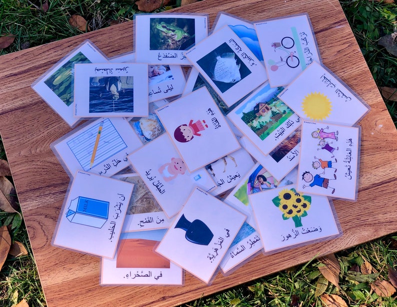 May include: A set of colorful flashcards with Arabic text and illustrations. The cards feature various topics, including animals, family, nature, and daily activities.