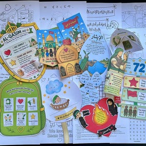 May include: A collection of educational paper crafts and activity sheets featuring colorful illustrations of Islamic historical figures, including a green backpack graphic, a heart-shaped cutout, and various cards with Arabic and English text.